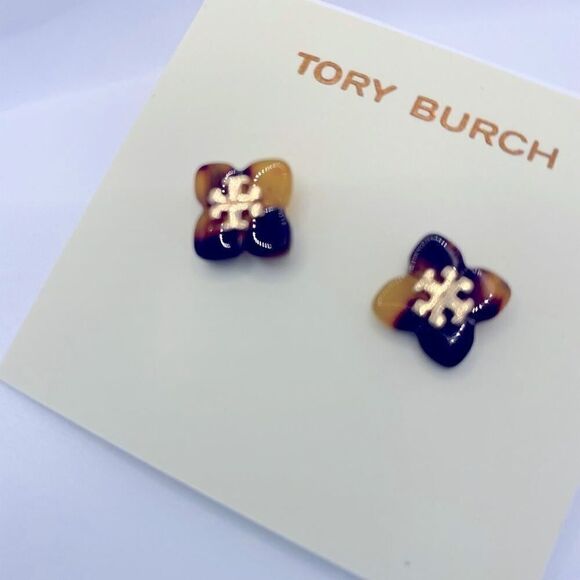 New Tory Burch Tortoise Flower Gold Logo Stud Earrings - Picture 6 of 10
